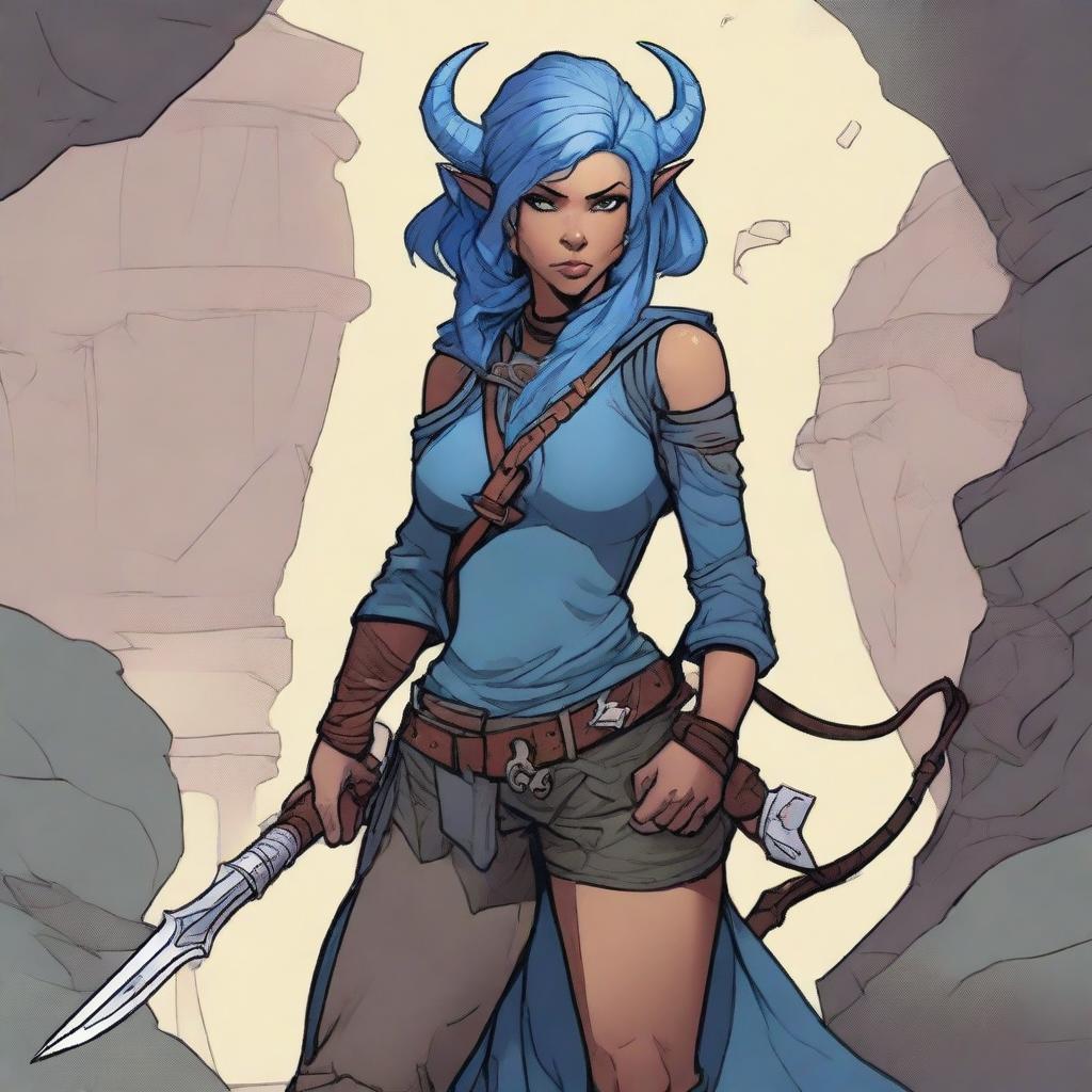 A detailed illustration of a female Dungeons & Dragons character who is a tiefling with olive skin, blue hair, and black eyes