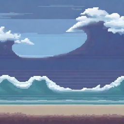 A vast ocean with a large wave depicted in pixel art style