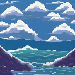 A vast ocean with a large wave depicted in pixel art style