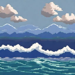 A vast ocean with a large wave depicted in pixel art style