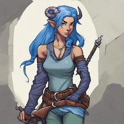 A detailed illustration of a female Dungeons & Dragons character who is a tiefling with olive skin, blue hair, and black eyes