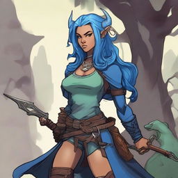 A detailed illustration of a female Dungeons & Dragons character who is a tiefling with olive skin, blue hair, and black eyes