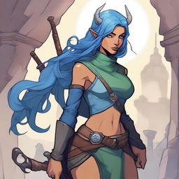 A detailed illustration of a female Dungeons & Dragons character who is a tiefling with olive skin, blue hair, and black eyes