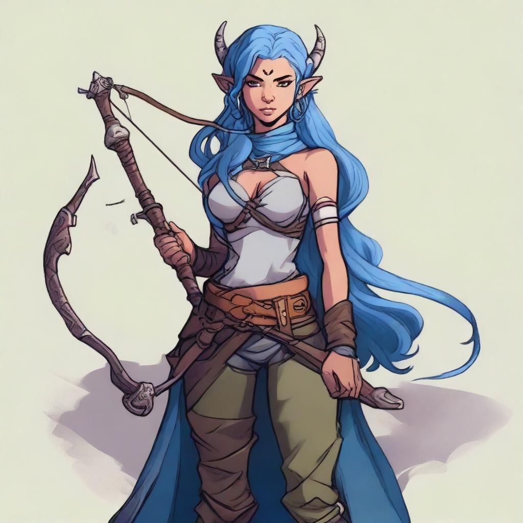 A detailed illustration of a female Dungeons & Dragons character who is a tiefling with olive skin, blue hair, and black eyes