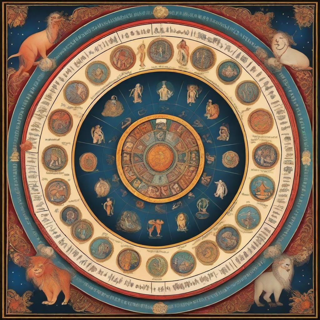 An intricate illustration of the Vedic zodiac, featuring detailed symbols and constellations