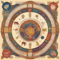 An intricate illustration of the Vedic zodiac, featuring detailed symbols and constellations