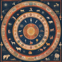 An intricate illustration of the Vedic zodiac, featuring detailed symbols and constellations