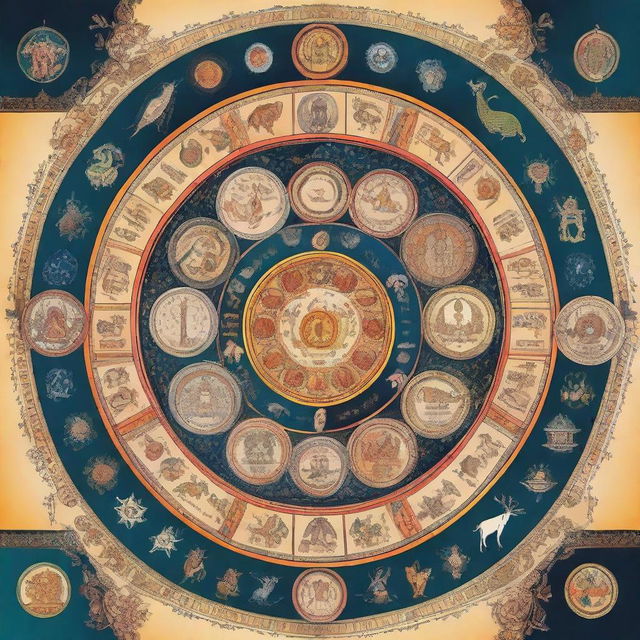 An intricate illustration of the Vedic zodiac, featuring detailed symbols and constellations