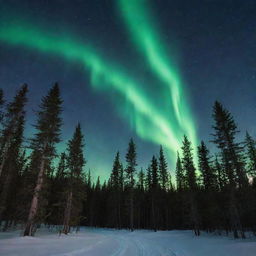 A midnight forest mesmerizingly bathed under the Aurora Borealis with stardust sprinkled across a clear sky.