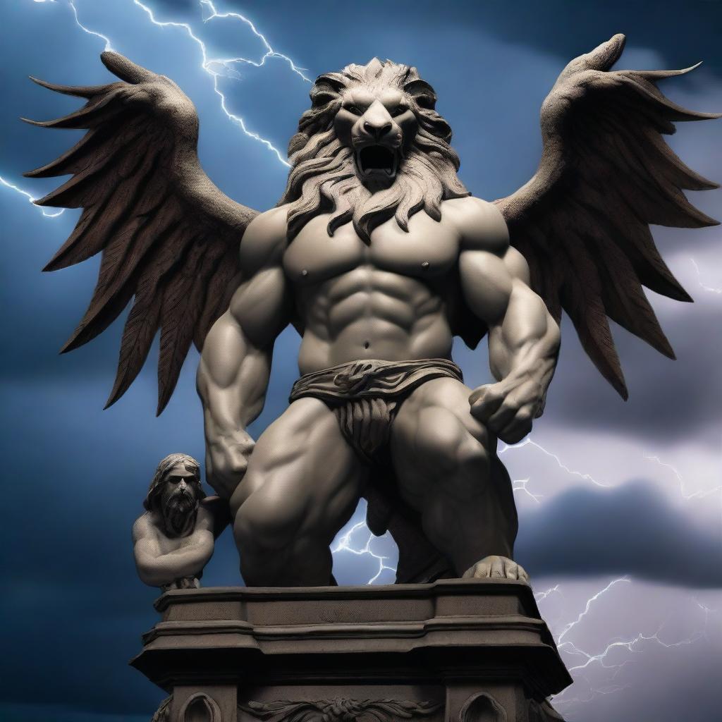 A majestic man-lion hybrid with the body of a muscular man and the head of a fierce lion, standing atop a gothic gargoyle statue