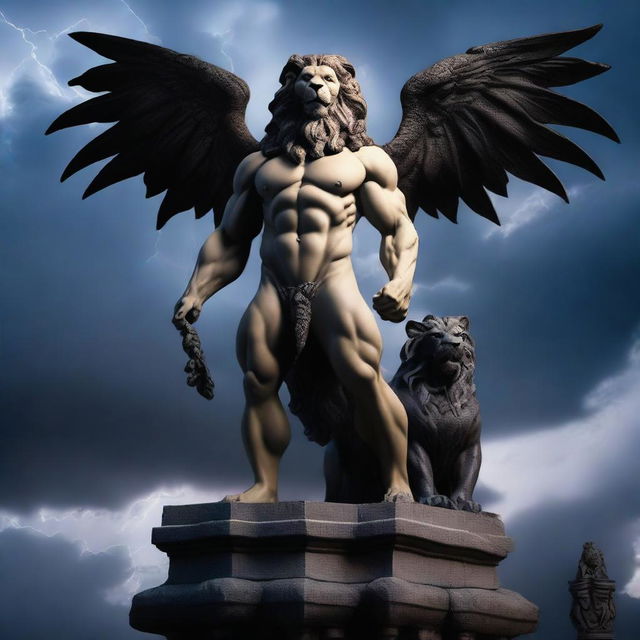 A majestic man-lion hybrid with the body of a muscular man and the head of a fierce lion, standing atop a gothic gargoyle statue