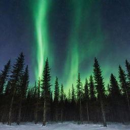 A midnight forest mesmerizingly bathed under the Aurora Borealis with stardust sprinkled across a clear sky.