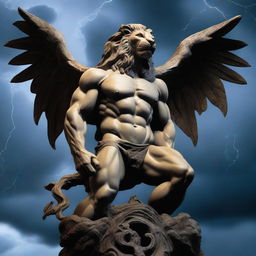 A majestic man-lion hybrid with the body of a muscular man and the head of a fierce lion, standing atop a gothic gargoyle statue