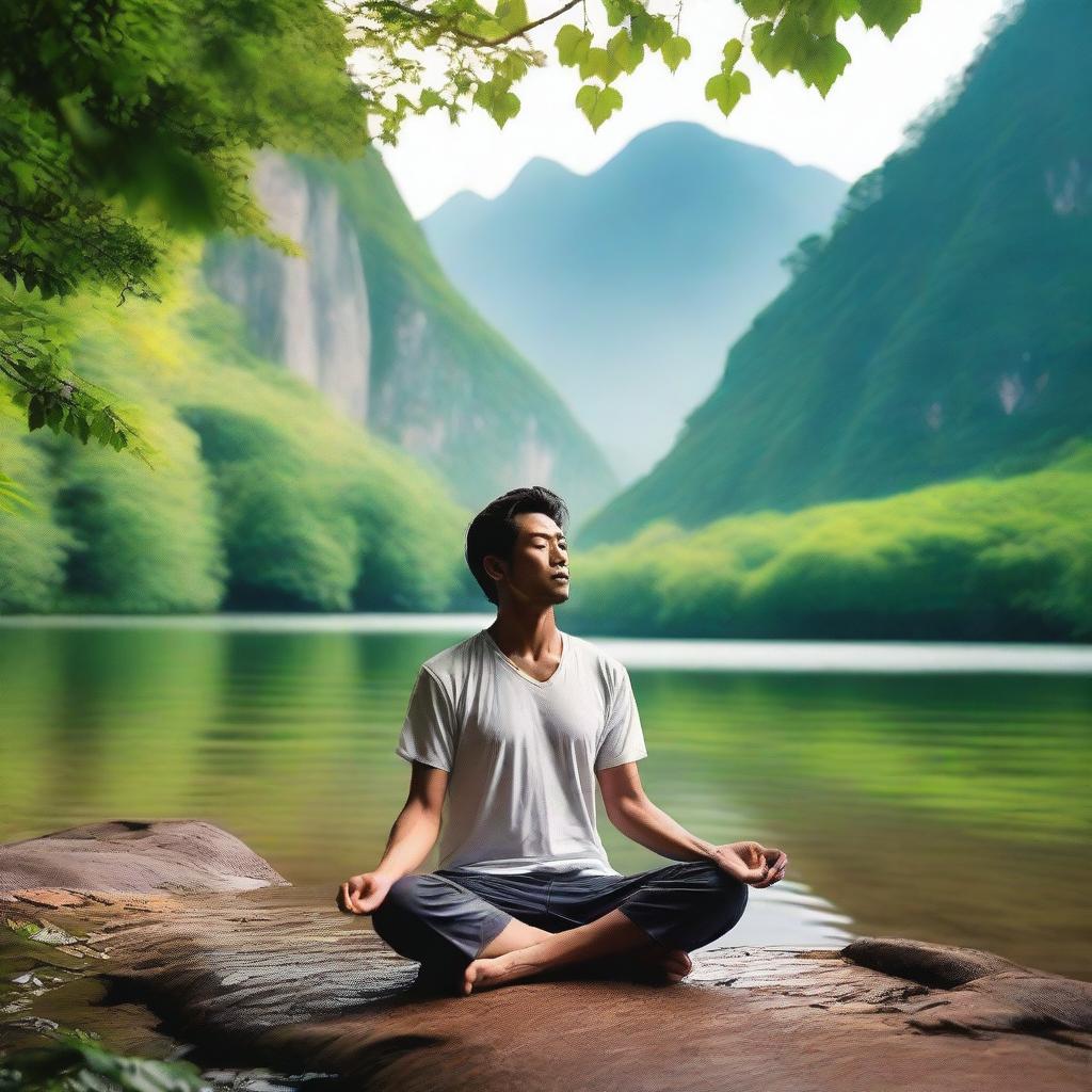 A serene image of a man in deep meditation, sitting cross-legged with eyes closed, surrounded by nature