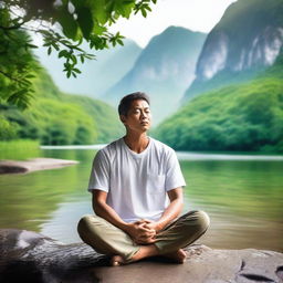 A serene image of a man in deep meditation, sitting cross-legged with eyes closed, surrounded by nature