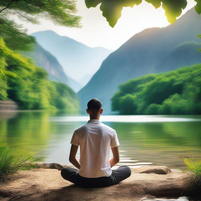 A serene image of a man in deep meditation, sitting cross-legged with eyes closed, surrounded by nature