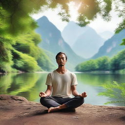 A serene image of a man in deep meditation, sitting cross-legged with eyes closed, surrounded by nature