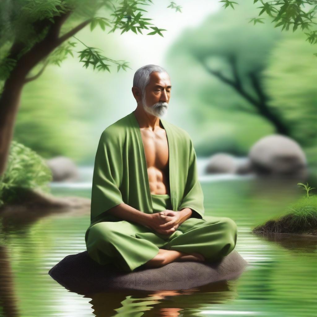 A sage in deep meditation, sitting cross-legged in a serene environment