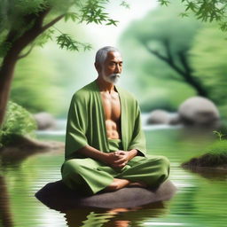 A sage in deep meditation, sitting cross-legged in a serene environment