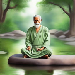 A sage in deep meditation, sitting cross-legged in a serene environment