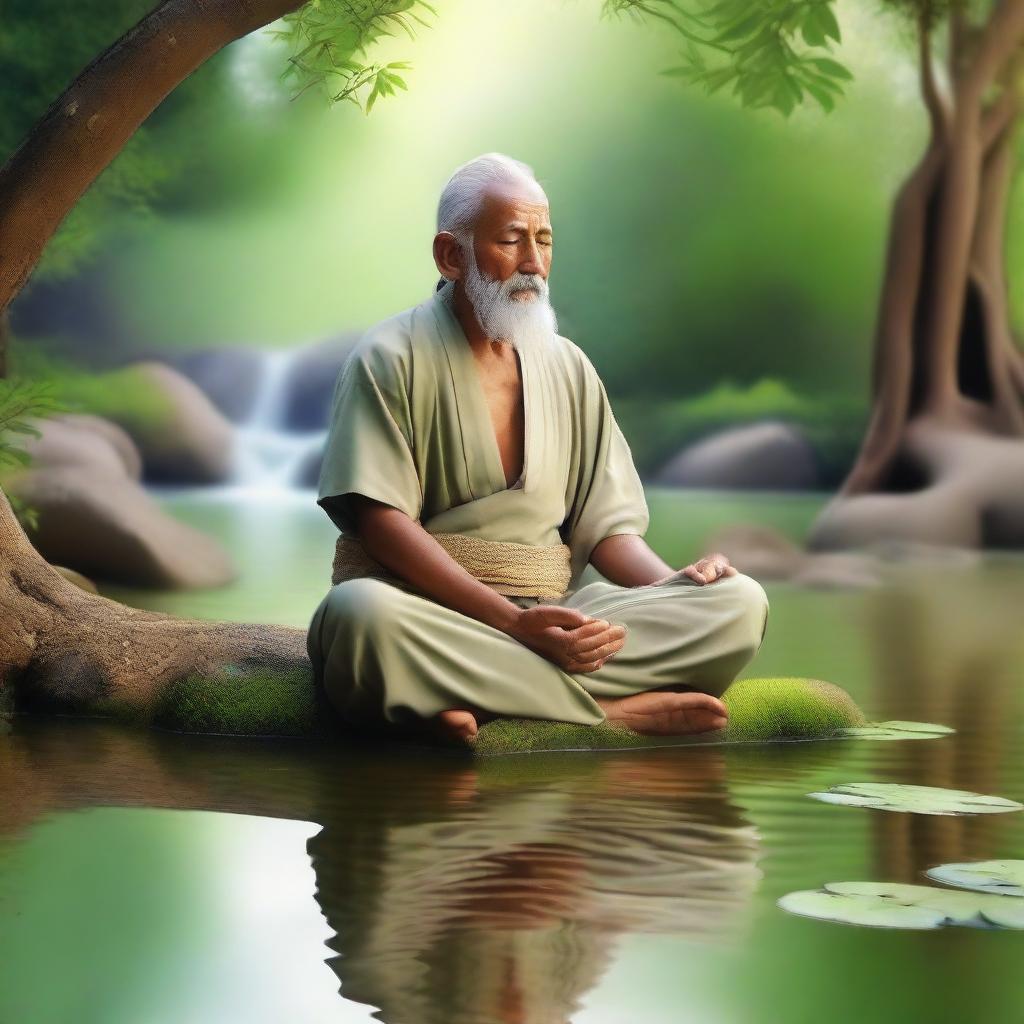 A sage in deep meditation, sitting cross-legged in a serene environment