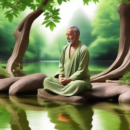 A sage in deep meditation, sitting cross-legged in a serene environment