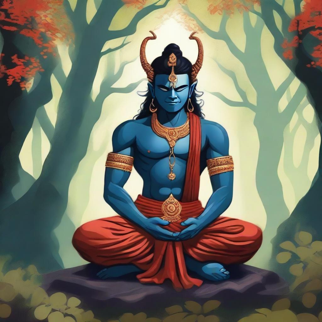 A detailed illustration of Hiranyakashipu, the demon king from Hindu mythology, in deep meditation