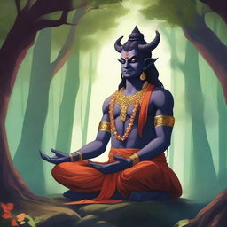 A detailed illustration of Hiranyakashipu, the demon king from Hindu mythology, in deep meditation