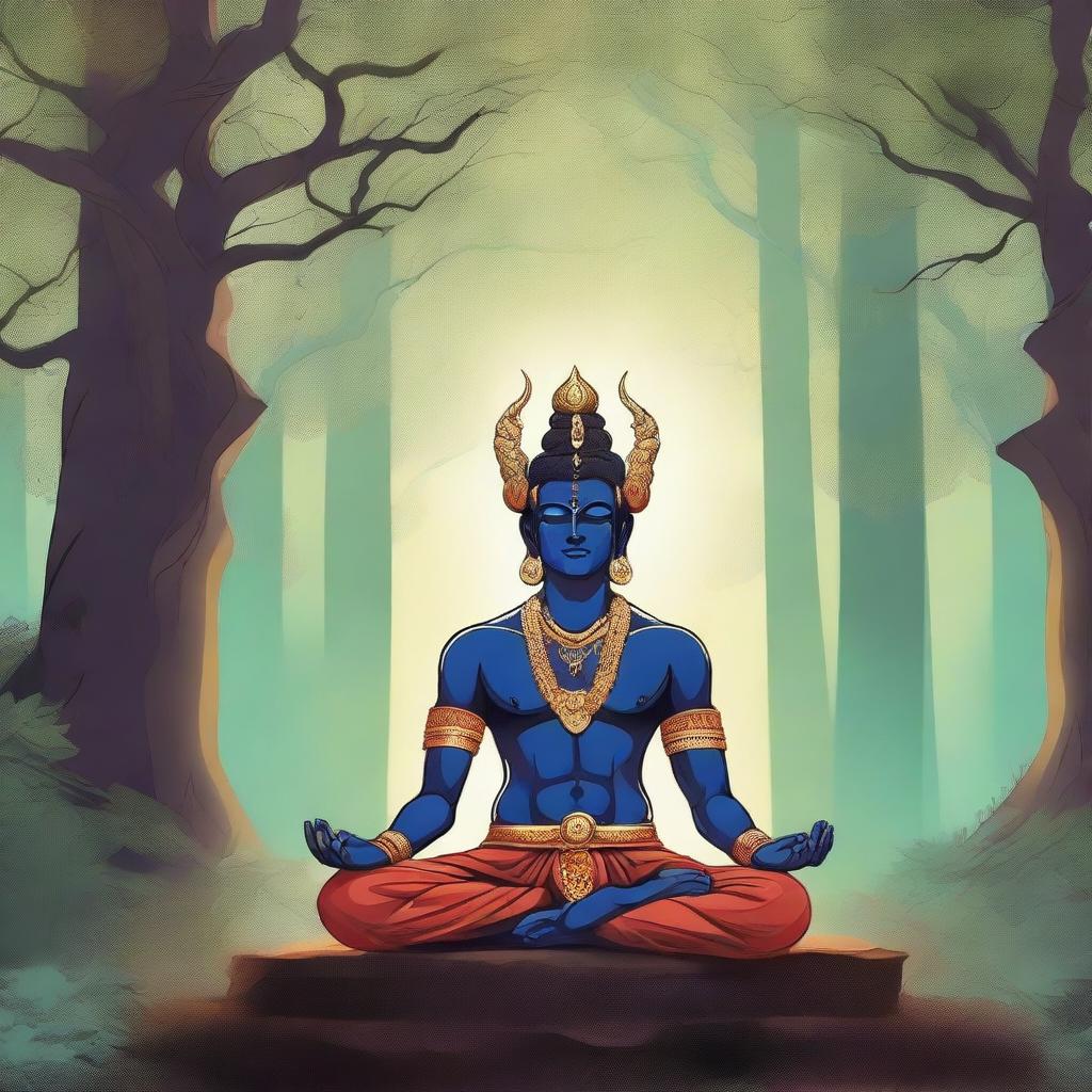 A detailed illustration of Hiranyakashipu, the demon king from Hindu mythology, in deep meditation