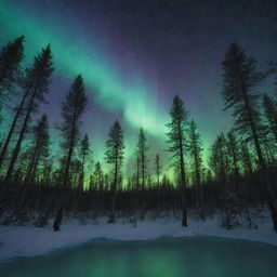 A midnight forest mesmerizingly bathed under the Aurora Borealis with stardust sprinkled across a clear sky.