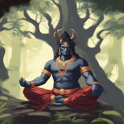 A detailed illustration of Hiranyakashipu, the demon king from Hindu mythology, in deep meditation