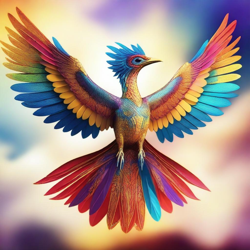 A majestic double-headed mythical bird soaring through the sky, with vibrant, colorful feathers shimmering in the sunlight