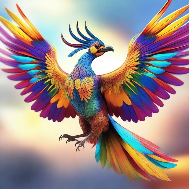 A majestic double-headed mythical bird soaring through the sky, with vibrant, colorful feathers shimmering in the sunlight