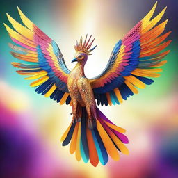 A majestic double-headed mythical bird soaring through the sky, with vibrant, colorful feathers shimmering in the sunlight