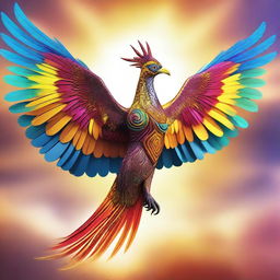 A majestic double-headed mythical bird soaring through the sky, with vibrant, colorful feathers shimmering in the sunlight