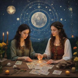 Two women in a mystical, traditional tarot card setting, surrounded by symbolic elements such as stars, moons, and nature