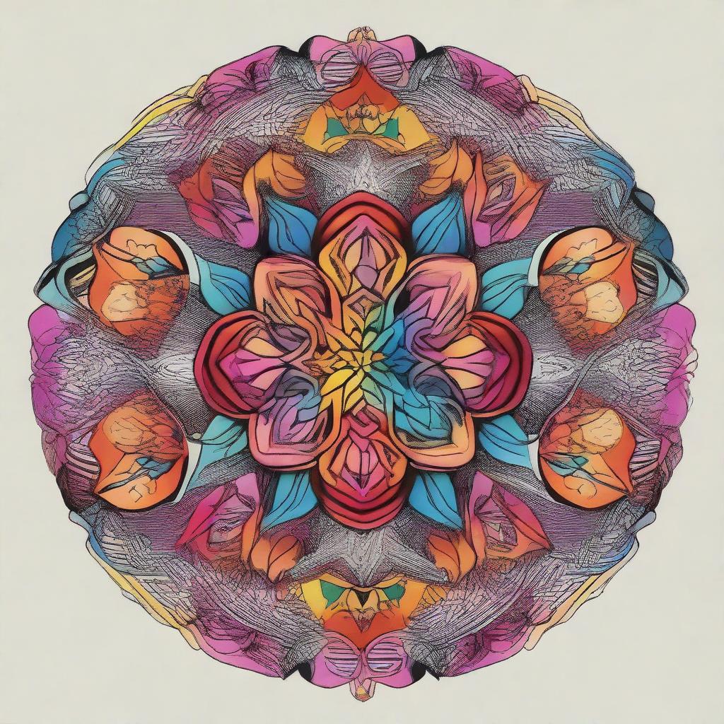 A highly detailed and intricate mandala design, featuring symmetrical patterns and vibrant colors
