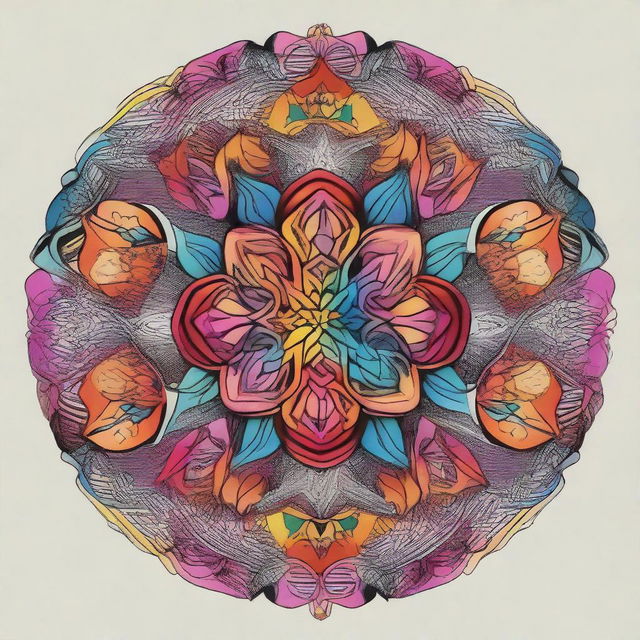 A highly detailed and intricate mandala design, featuring symmetrical patterns and vibrant colors