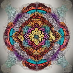 A highly detailed and intricate mandala design, featuring symmetrical patterns and vibrant colors