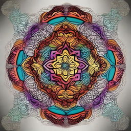 A highly detailed and intricate mandala design, featuring symmetrical patterns and vibrant colors