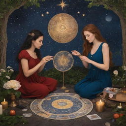 Two women in a mystical, traditional tarot card setting, surrounded by symbolic elements such as stars, moons, and nature