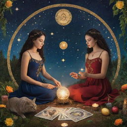 Two women in a mystical, traditional tarot card setting, surrounded by symbolic elements such as stars, moons, and nature