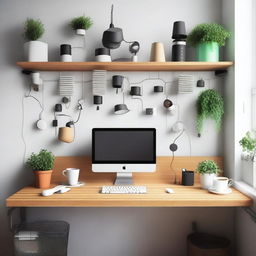 La imagen muestra una oficina desordenada con varios elementos esparcidos por el espacio, como papeles, tazas de café vacías, y cables enredados