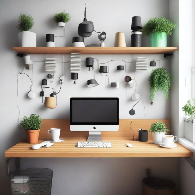 La imagen muestra una oficina desordenada con varios elementos esparcidos por el espacio, como papeles, tazas de café vacías, y cables enredados