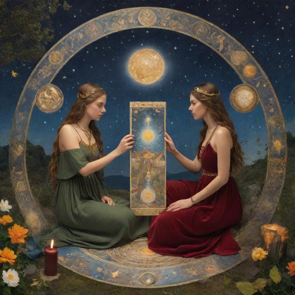 Two women in a mystical, traditional tarot card setting, surrounded by symbolic elements such as stars, moons, and nature