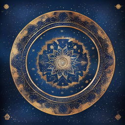 A beautiful night sky filled with constellations shining brightly over an intricately designed Vedic mandala