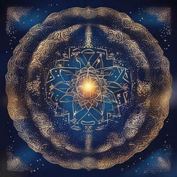 A beautiful night sky filled with constellations shining brightly over an intricately designed Vedic mandala