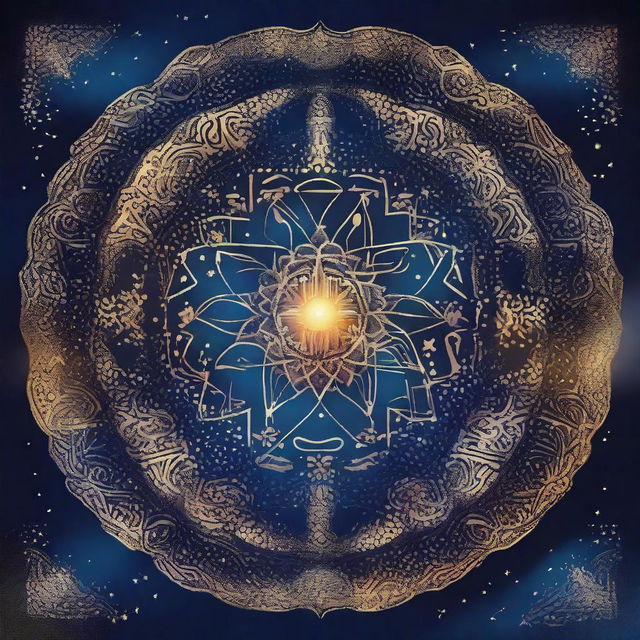 A beautiful night sky filled with constellations shining brightly over an intricately designed Vedic mandala