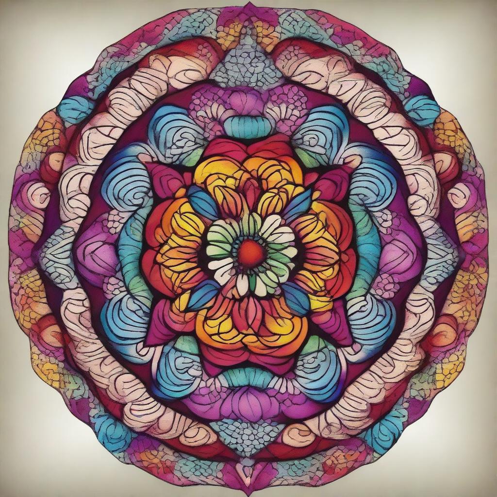 A beautifully intricate mandala design with symmetrical patterns and vibrant colors