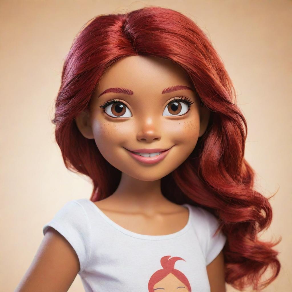 Craft a lively image of a female cartoon character with dyed red hair, brown eyes, and tan skin.